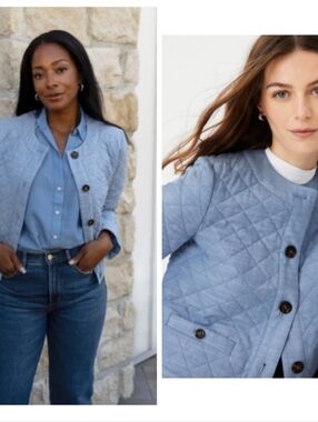 ANN TAYLOR Framed Quilted Cropped Jacket Blue Chambray Size 10